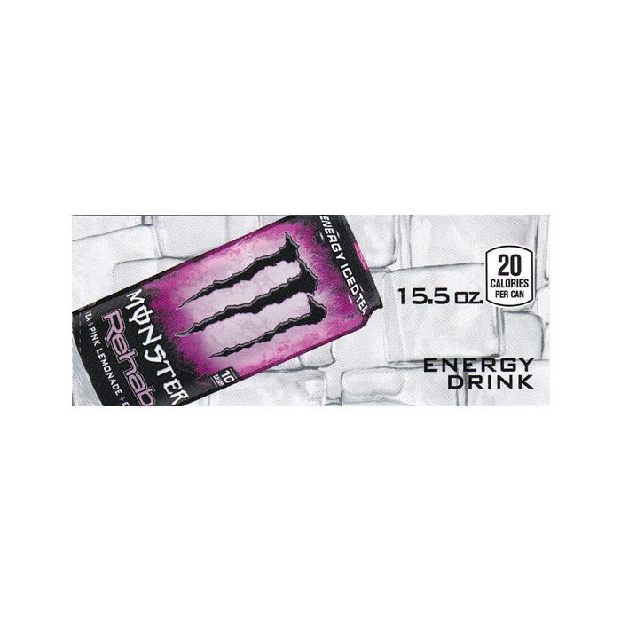 Monster Energy Rehab Pink Lemonade can on ice small size flavor strip